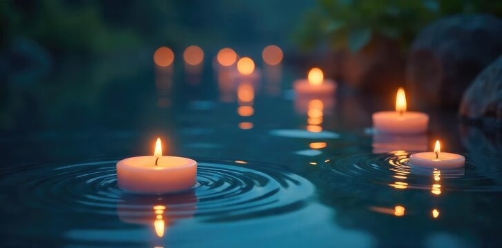 Serene floating candles illuminate a tranquil water scene, creating a magical and peaceful atmosphere Perfect for spa, meditation, relaxation, and wellness themes , serenity, fire