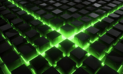 Fototapeta premium Abstract background with rows of dark black cubes arranged in a grid with bright neon green light glowing from the base and through the narrow gaps