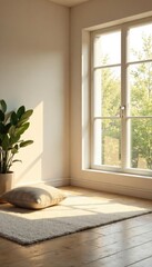 Serene meditation studio bathed in soft sunlight, minimalist decor, peaceful atmosphere ideal for mindfulness and relaxation , calm, spiritual, inner peace