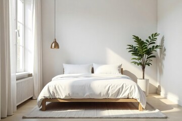 Serene minimalist bedroom featuring a simple white bed, a single plant, and natural light streaming through a sheer curtain  A sense of calm and tranquility pervades the space ,  home,  bed,  cozy