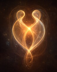 Abstract illustration of two glowing, intertwined figures embracing, forming a heart or infinity symbol. 