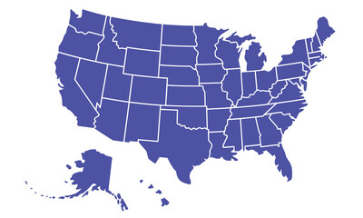 Fototapeta premium Blue vector map of the United States of America, showing all fifty state borders; essential graphic for political, geographical, demographic, and travel data visualization.
