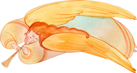Fototapeta premium Hand drawn watercolor angel playing a trumpet on transparent background. Heavenly messenger with wings for Easter greeting card.