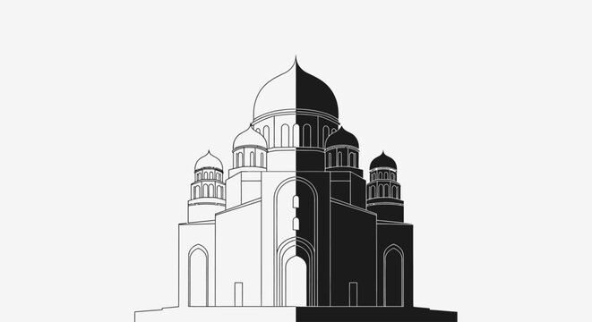 Architectural mosque illustration featuring a detailed line art structure with domes and minarets. This elegant vector artwork is suitable for Islamic architecture presentations, cultural designs, edu