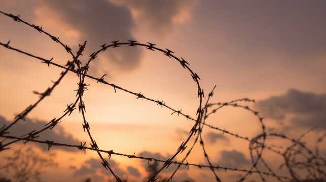 Barbed wire border conflict tension silhouette sunset sky security, dramatic clouds behind razor wire fence, danger concept