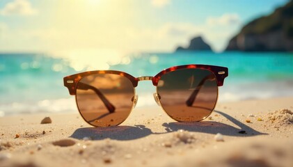 Stylish sunglasses resting on a vibrant summer beach scene, reflecting the sun's golden rays Perfect for travel, vacation, and summer themes , sun, daytime
