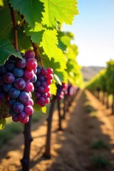 Sun-drenched rows of ripe grapes hanging heavy on the vine, ready for harvest at a picturesque winery The perfect image for wine labels, websites, or marketing materials , red, winery, drinkware
