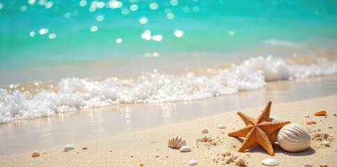 Sun-drenched sand, sparkling turquoise water, seashells scattered along the shore, a quintessential summer beach scene Perfect for travel, vacation, or summer themed projects , coastal, landscape