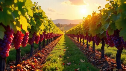 Sun-drenched vineyard rows heavy with ripe grapes ready for the autumn harvest Golden leaves add to the vibrant scene of a bountiful harvest , agriculture, vineyard view, harvest time
