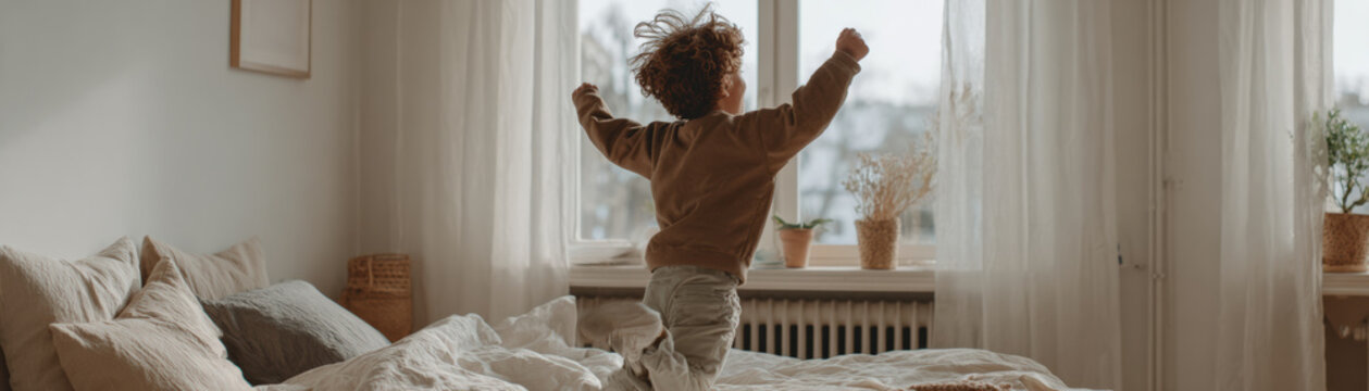 Carefree boy jumping bed home playful child bedroom morning light, joyful kid in pajamas near window in cozy interior