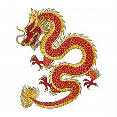 Fototapeta premium Majestic red and gold Chinese dragon illustration symbolizing luck, power and prosperity for Chinese New Year, inspired by traditional Asian mythology and festive Lunar New Year celebrations.