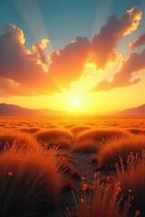 Vast, flat expanse of land stretching to the horizon, bathed in the golden light of sunset Perfect for illustrating concepts of serenity, openness, and boundless potential , rural, peace, perspective