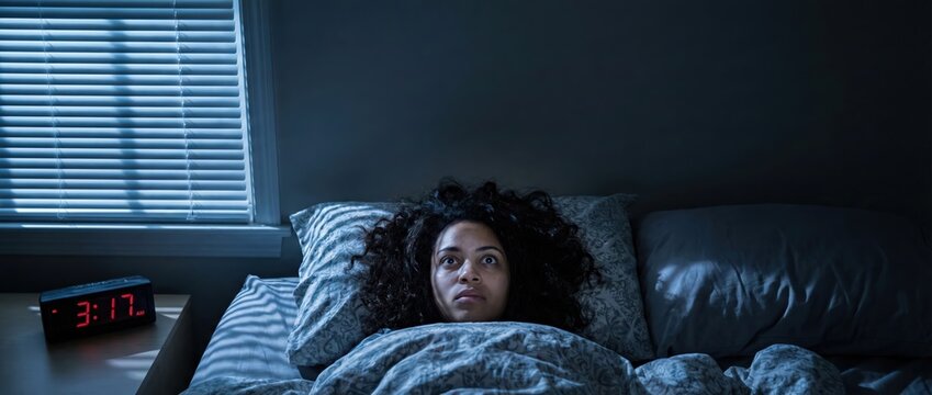 Young Black woman awake in bed at 3:17 AM, eyes wide with fear and anxiety, staring into darkness Concept of insomnia, nightmares, and mental health struggles