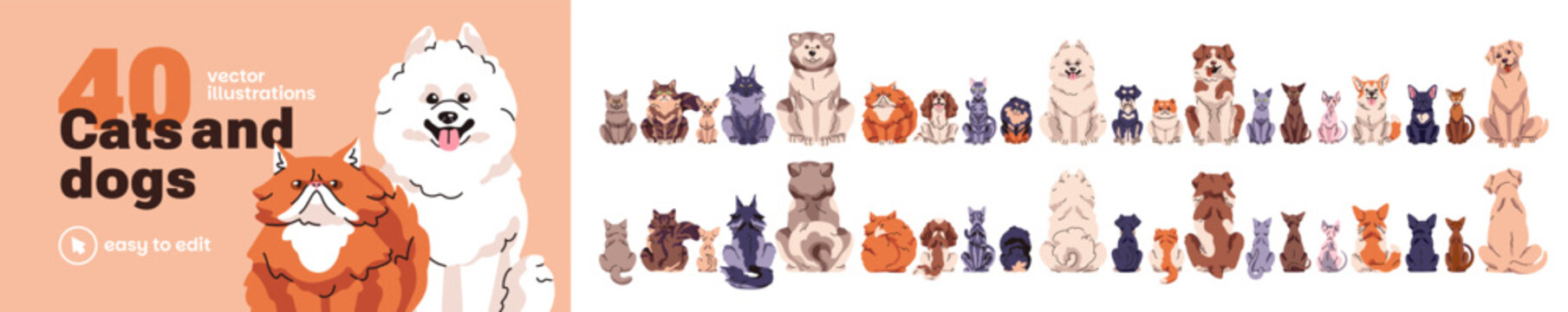 Set of front and back views of different breeds of cats and dogs. Sitting and turning away pets. Cute and funny domestic animals: kitties and puppies. Flat isolated vector illustrations on white