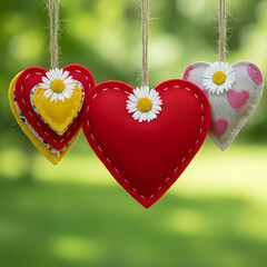Colorful hanging heart decorations outdoors valentines love concept