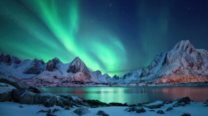 Northern light aurora borealis snowy mountain winter landscape night sky star fjord reflection over calm water © Nuchylee