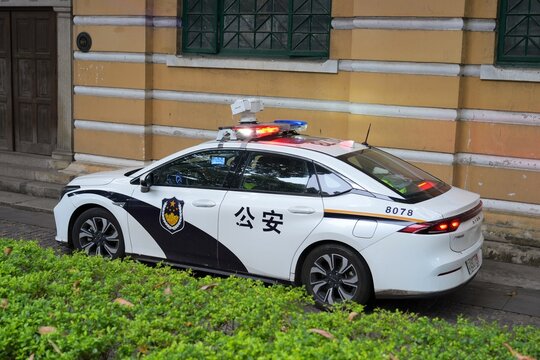 GUANGZHOU, CHINA - NOVEMBER 7, 2025: Aion police car in Guangzhou city in Guangdong region of China.