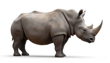 Obraz premium A large gray rhinoceros stands on a white background with its head turned to the right