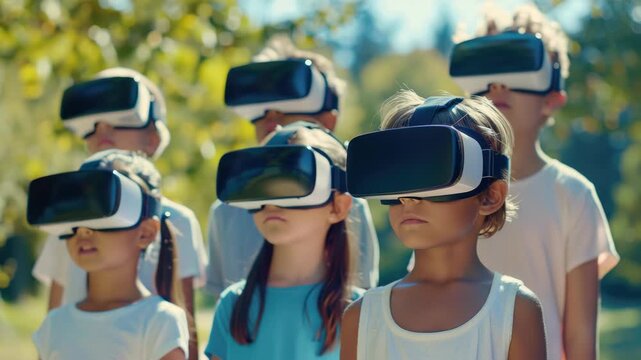 A group of children wearing virtual reality headsets, focused and curious about the digital experience they're immersed in. The setting is outdoors