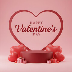 Happy valentines day pink podium stage with heart balloons and gifts