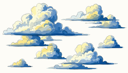 Naklejka premium Whimsical set of colorful watercolor clouds in soft pastel hues on white background, perfect for digital designs, invitations, and creative visual elements.