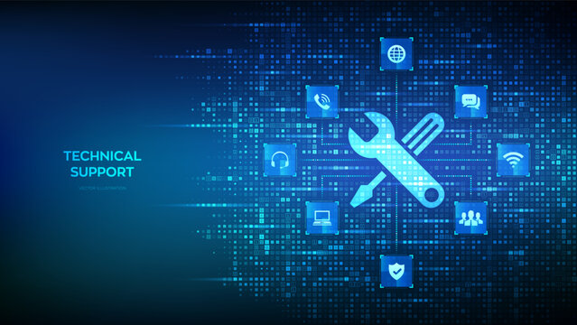 Technical support icon made with binary code. Online tech support concept. Customer help. Customer service tech icons connections. Binary digital background with digits 1.0. Vector Illustration.