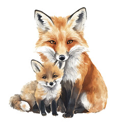 Obraz premium A Mother Fox With Her Kid, vibrant watercolor vector illustration with flowing and detailed brush strokes, isolated on a white background.