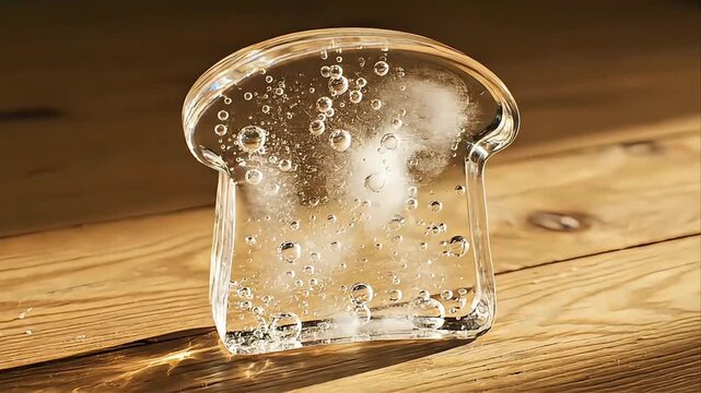 An elegant and abstract glass sculpture shaped like a toast slice, featuring mesmerizing internal bubbles, beautifully illuminated on a rustic wooden backdrop