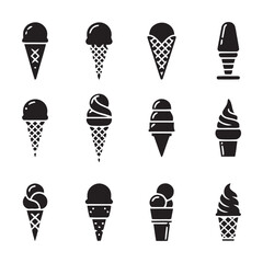 Collection of black and white ice cream cone icons on a white background. Illustrations of various ice cream flavors and styles. Frozen dessert icons.