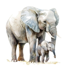 Fototapeta premium watercolor graphic of A Mother Elephant With Her Kid, isolated on a white background.