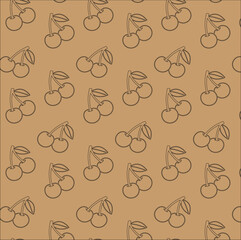 Seamless cherry fruit line art pattern brown background texture