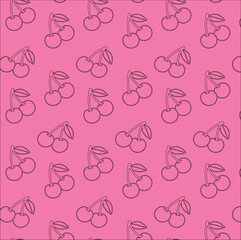 Seamless cherry fruit line art pattern pink background design
