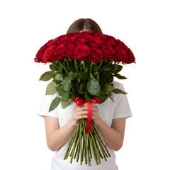 Woman holding big bouquet of red roses valentines surprise gift