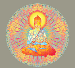 Acid Lord Buddha, ornate mandala round pattern mushroom illustration. Esoteric vintage vector illustration. Indian, Buddhism, spiritual art. Hippie tattoo, spirituality, rave party poster.