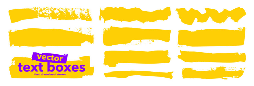Yellow highlighted brush drawn text box set. Hand drawn bold rectangle strokes with dry grunge texture for text information. Funky highlight stripes.Vector quote boxes or frames.