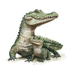 Fototapeta premium A Mother Crocodile With Her Kid, vibrant watercolor vector illustration with flowing and detailed brush strokes, isolated on a white background.