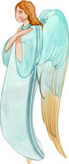 Fototapeta premium Watercolor drawing an angel woman with serene expression on transparent background. Divine angelic illustration for spiritual card.
