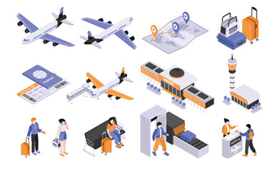 Airport travel original elements set in isometric illustration