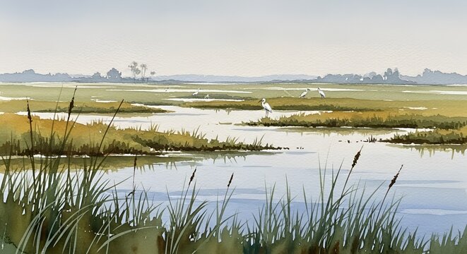 Serene Watercolor Painting of a Coastal Marsh Landscape with Reeds and Distant Heron.