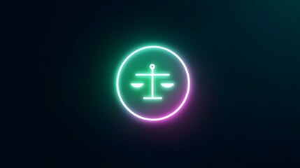 Obraz premium Modern neon icon depicting the scales of justice illuminated with a vibrant green to purple gradient symbolizing fairness legality and balanced decisions against a deep dark backdrop