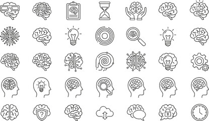 Brain and psychology line icon set with creative thinking, intelligence, mental health and neuroscience symbols collection © Sajjat