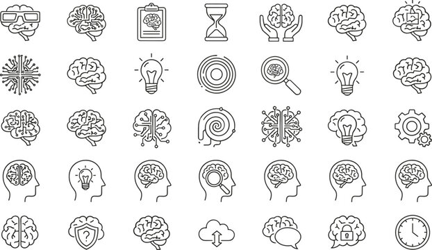 Brain and psychology line icon set with creative thinking, intelligence, mental health and neuroscience symbols collection