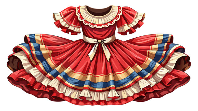 Very beautiful close-up of a classic American square dance women&rsquo;s dress with ruffled fabric and decorative stitching, isolated on white background, celebrating folk tradition and festive cultural fas