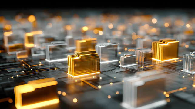 Abstract network grid with files and folders, futuristic software interface, digital document management system, store, search and organize documents, corporate business, paperless office