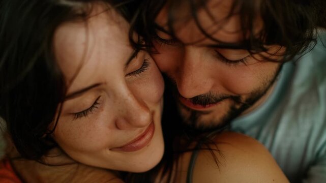Young couple sharing an intimate moment in a dimly lit room.