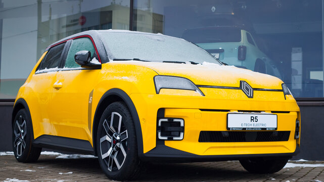 Riga, Latvia - January 25, 2026: New yellow Renault R5 car near the auto center