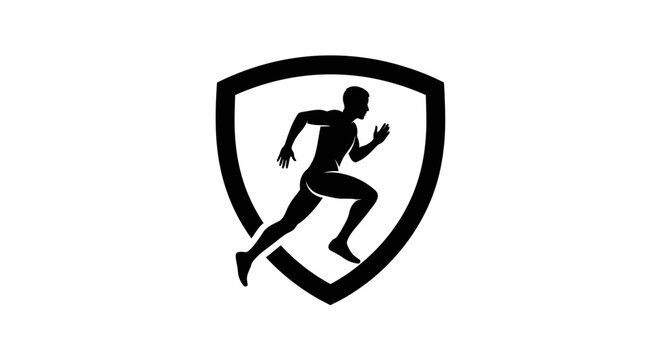 Running man silhouette in a protective shield emblem, isolated white background, representing speed and athleticism.