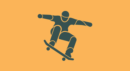 Skateboarder performing an ollie trick with dynamic movement on an orange background. © Dinda