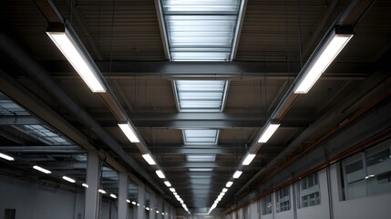 Naklejka premium Modern industrial building interior with rows of fluorescent ceiling lights and skylights