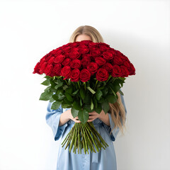 Woman holding large bouquet of red roses covering face valentines gift